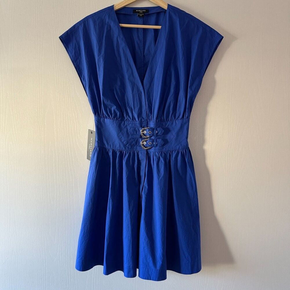 NWT‎ Marciano by GUESS Womens 100% Cotton Belted A-Line Blue Dress Size 6 Small